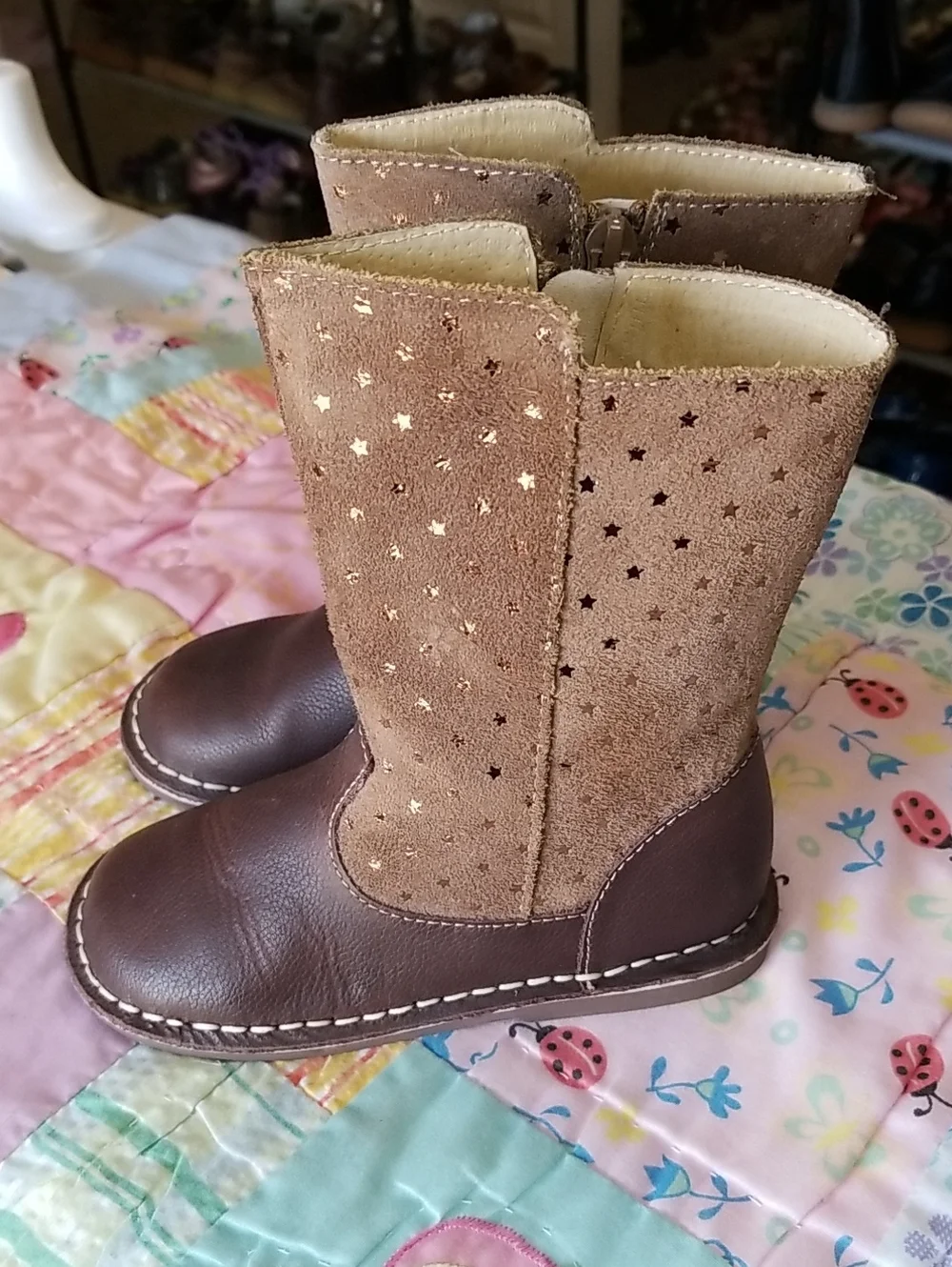 Livie & Luca Brown Leather and Tan Suede Boots With Gold Foil Stars Size 10 Vega